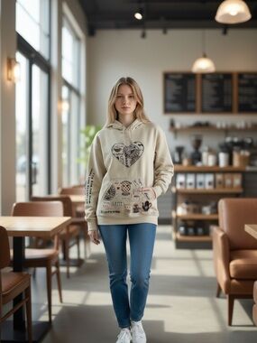 Beige Graphic coffee appliquéd Hoodie Women medium